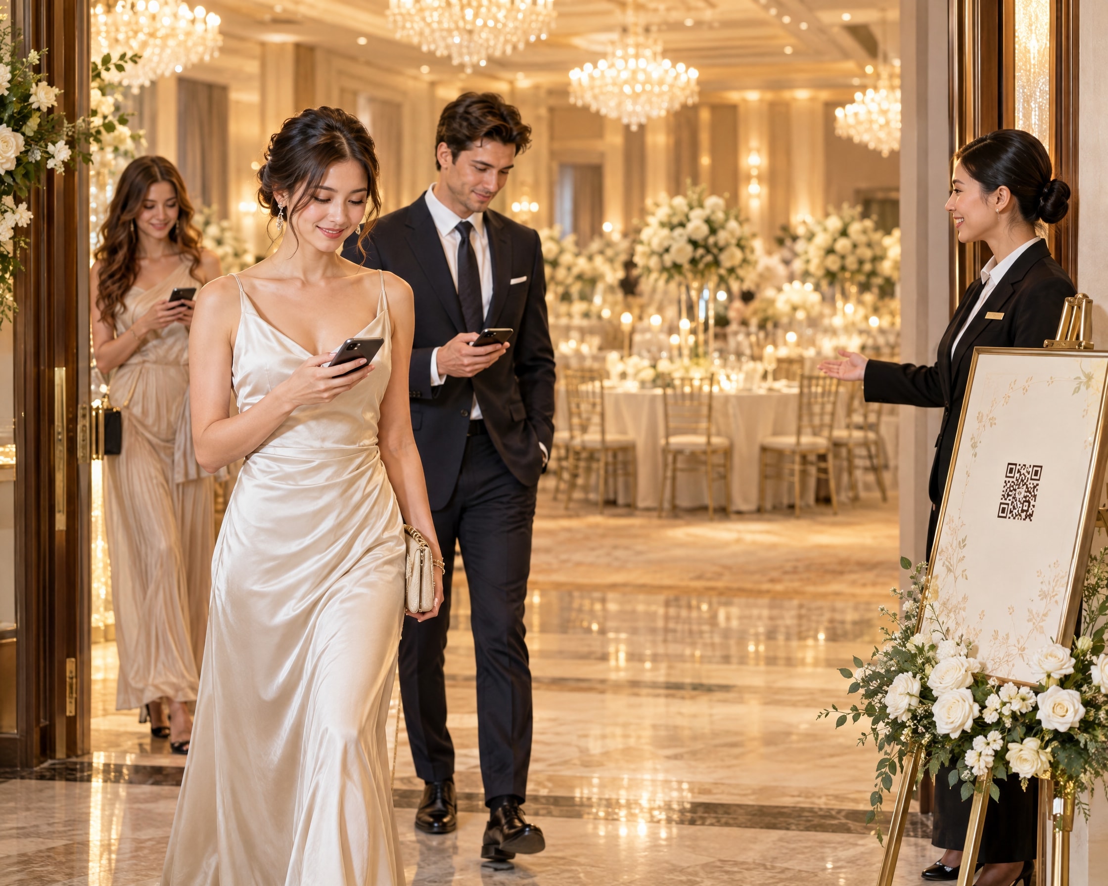 Guests walking calmly into a banqueting hall, checking their tables on their phones