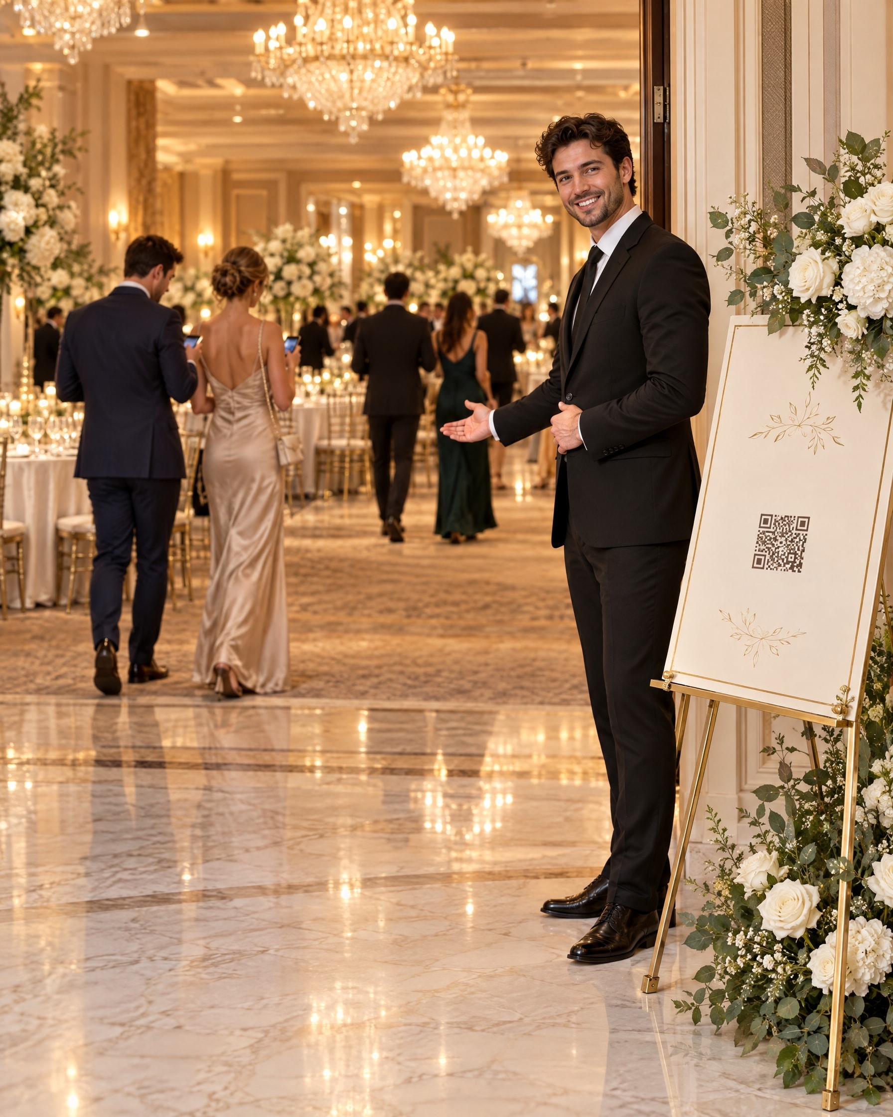 A venue host welcoming guests as they check their tables on their phones beside a QR welcome sign